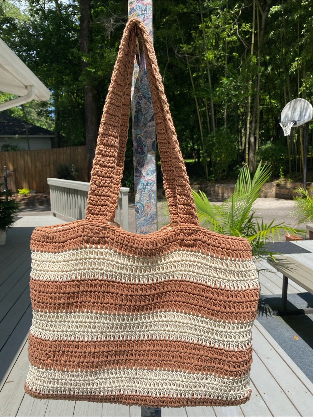 a new day Brown & Cream Striped Crochet Tote